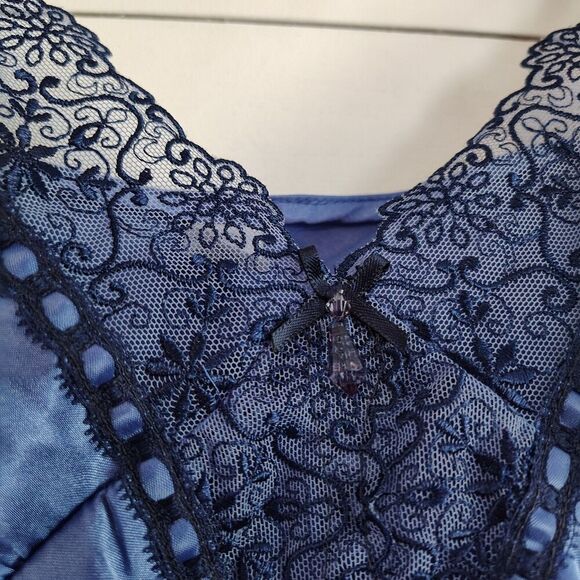 Navy Blue Satin Slip Dress Lace Trim Babydoll Nightie Fairycore Coquette M - Picture 3 of 9